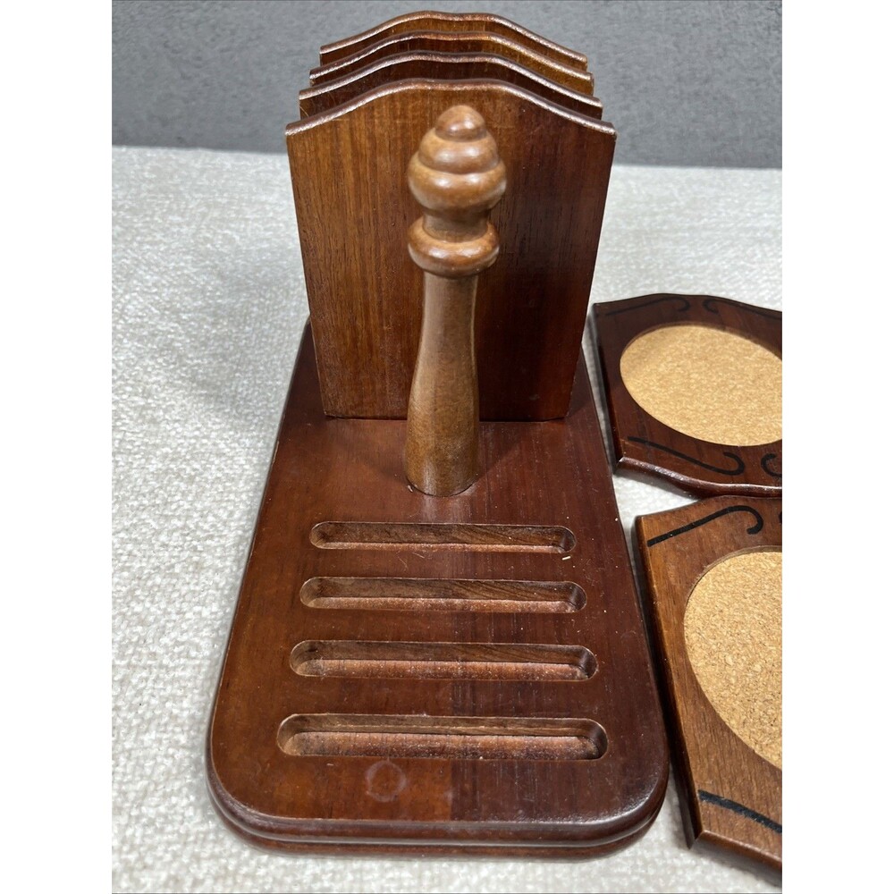 Vintage Japan 1950s Wooden 8 Coaster Set Stand Gail Craft Rare MCM Moody Barware - Picture 7 of 9